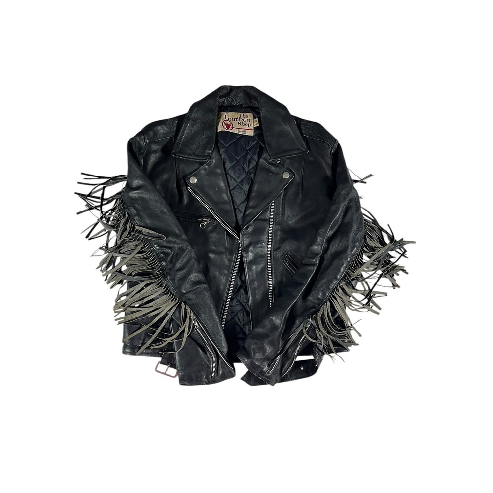 Vintage The Leather Shop Fringe Motorcycle Jacket Women's Size 10 Black Leather